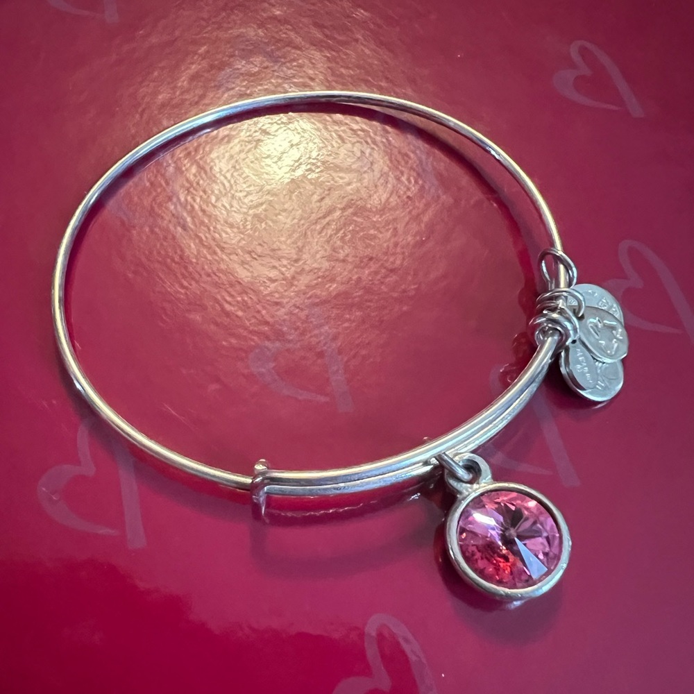 Alex and Ani October Birthstone Silver Bangle with Pink Tourmaline Charm